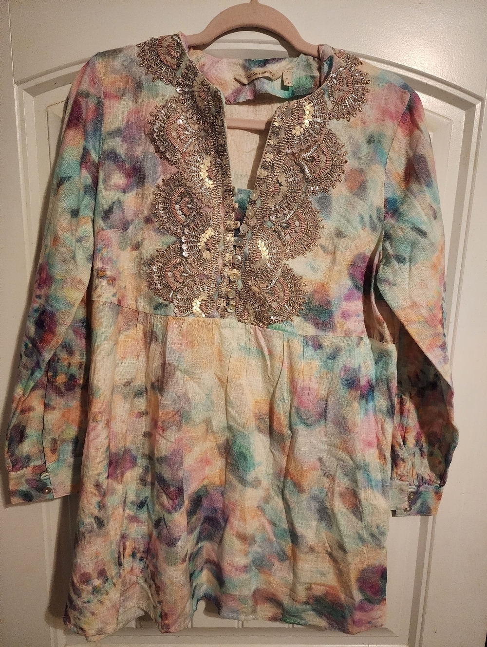 Soft Surroundings Embellished Tunic Top | Boho Tie Dye Cotton Blouse Medium